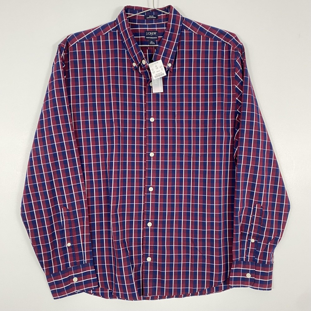 NWT J.Crew Performance Shirt Mens XL Blue Plaid Slim Untucked Stretch ButtonDown